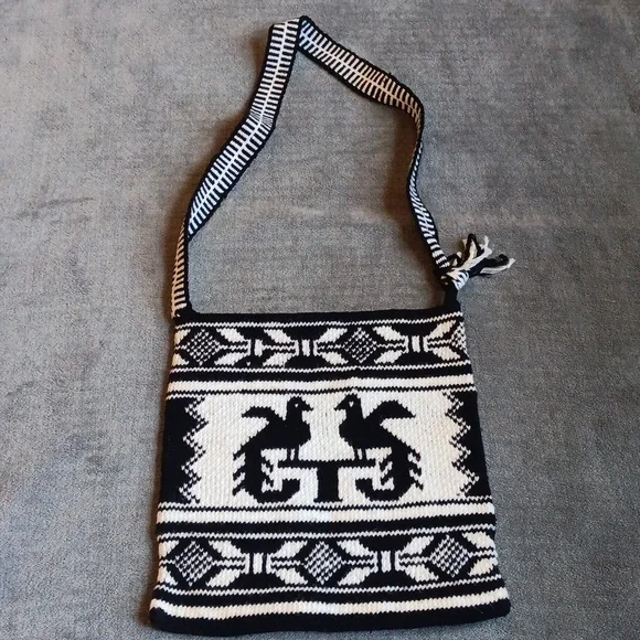 Woven Guatemalan Phoenix Crossbody Shoulder Bag, Black & White Boho - Picture 1 of 12